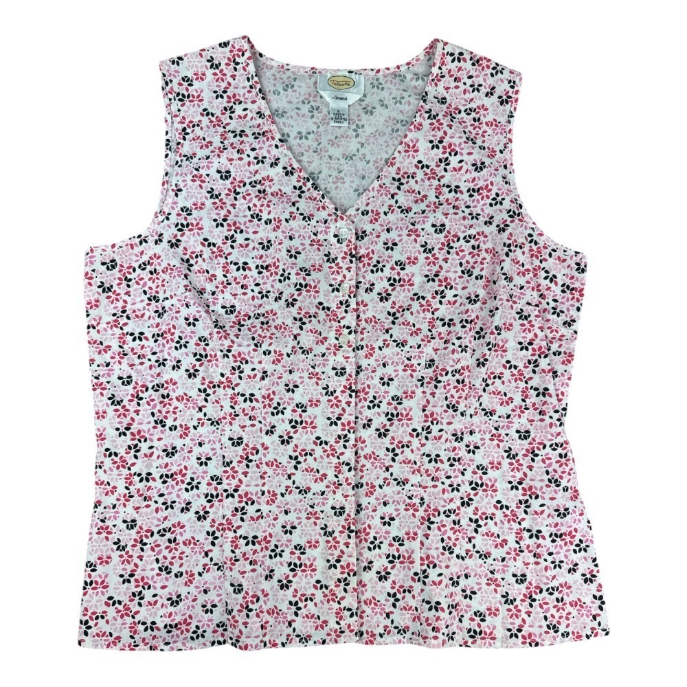 Talbots Pink Black Floral Sleeveless Button Down Stretch Vest Top Large USA
